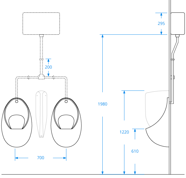 2x Concealed Trap Urinal Set UR60CONSET2 • Twin Urinal Set